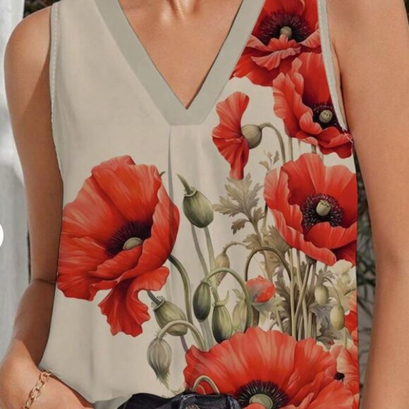 NEW Sz S Red Poppy Office Casual V-neck Summer Top - Picture 3 of 4